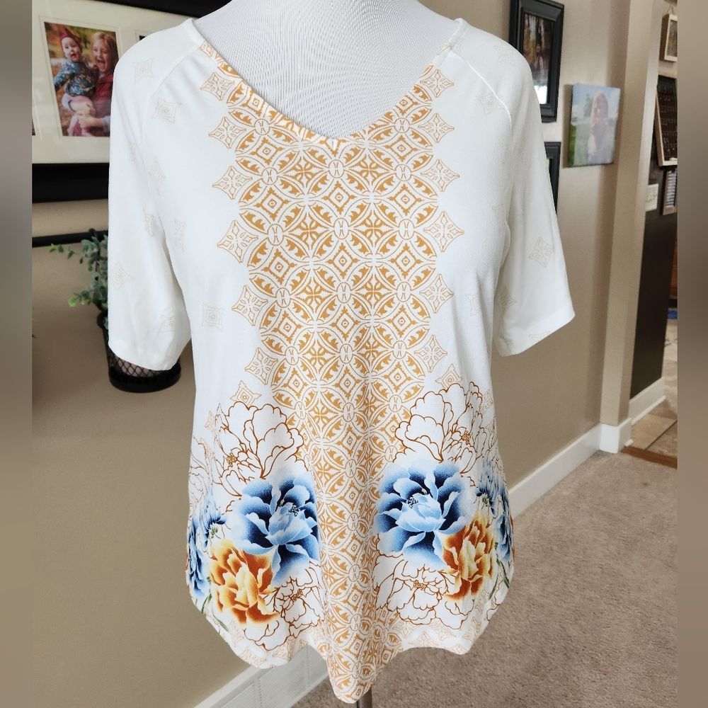 JM collection split sleeve floral print top white yellow medium M